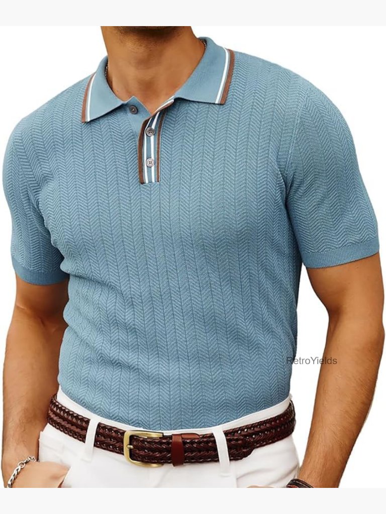 Mens Textured Knit Polo Shirt Short Sleeve Pullover Golf Top